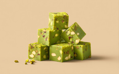 Pistachio candy cubes arranged on a beige background.