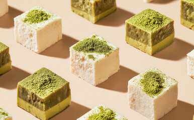 Cubes of pistachio nougat arranged in a seamless pattern.