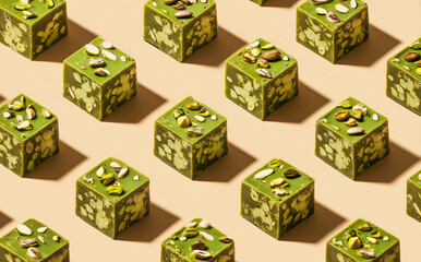 Pistachio candy cubes arranged on a beige background.