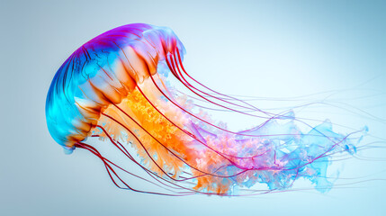 Colorful jellyfish with blue, purple, and orange hues floating gracefully on a light background.