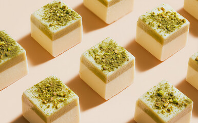 Cubes of pistachio nougat arranged in a seamless pattern.
