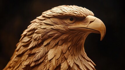 Intricate wooden eagle sculpture with detailed feather carvings against a dark background