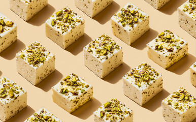 Cubes of pistachio nougat arranged in a seamless pattern.