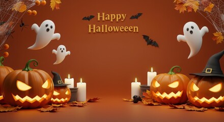 Happy Halloween 3D Scene with Pumpkins, Ghosts, and Candles