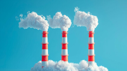 Three red-and-white striped smokestacks emitting clouds of smoke against a bright blue sky.