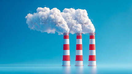 Three red-and-white striped smokestacks emitting clouds of smoke against a bright blue sky.