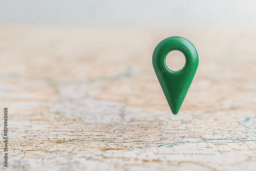 Poster green map marker hovering over detailed road map. navigation and location concepts. wayfinding tools