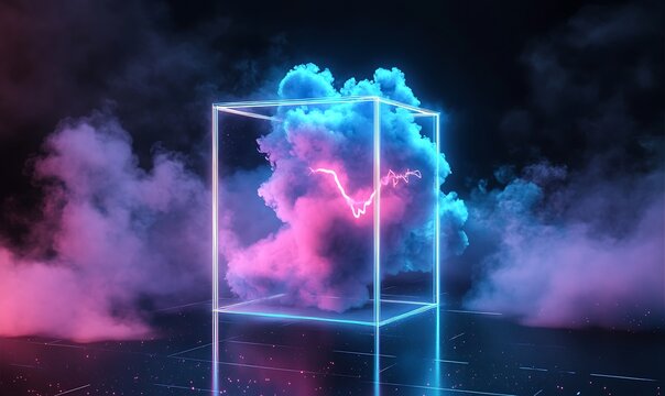 
A big smoke cloud and a sparkling floor are featured in this illustration of an abstract cyan blue and pink neon glowing wireframe cube.

