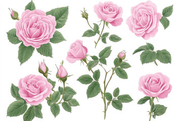 Elegant pink rose floral illustration with blossoms and green leaves on white background
