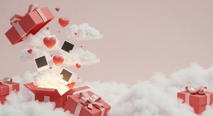 Magical Gift Box with Flying Hearts & Photos - Romantic Background