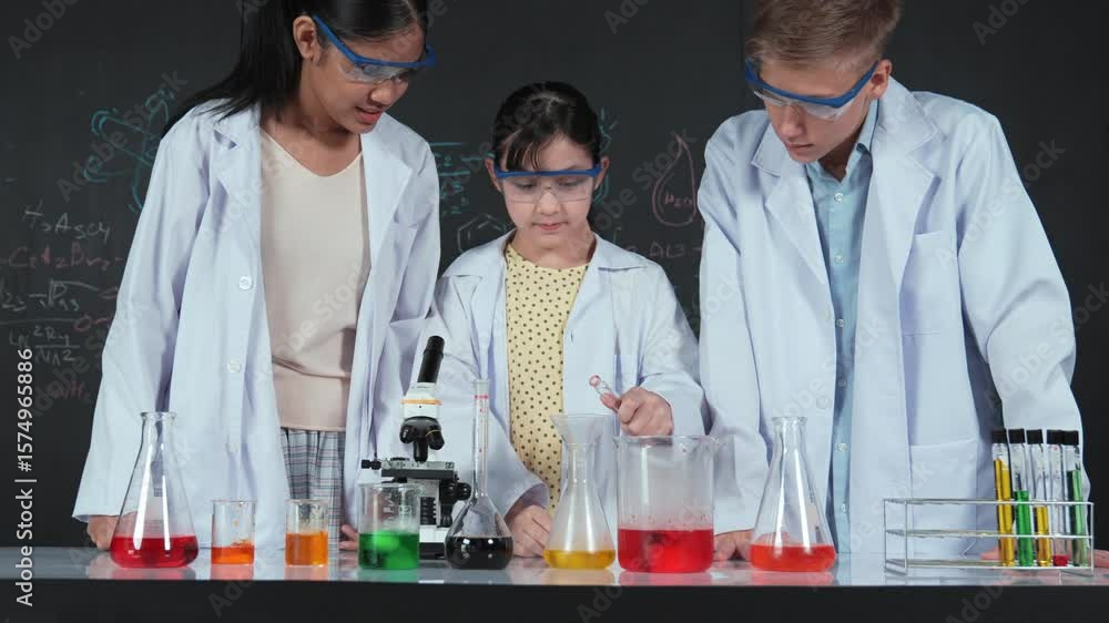 Poster school girl mix colored solution while academic student support doing experiment at table with micro