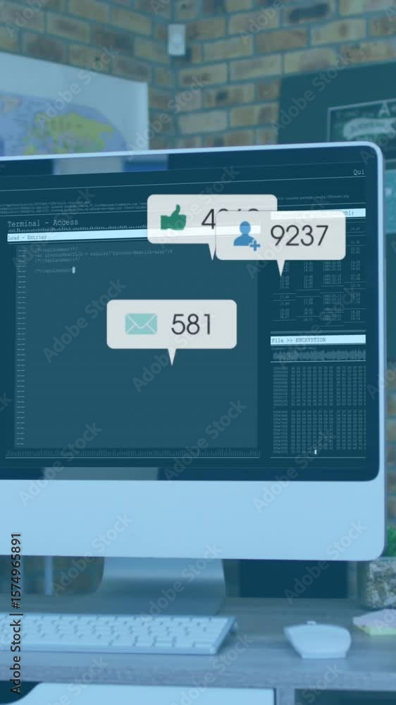 Poster animation of multiple notification bars over programming language on computer in office