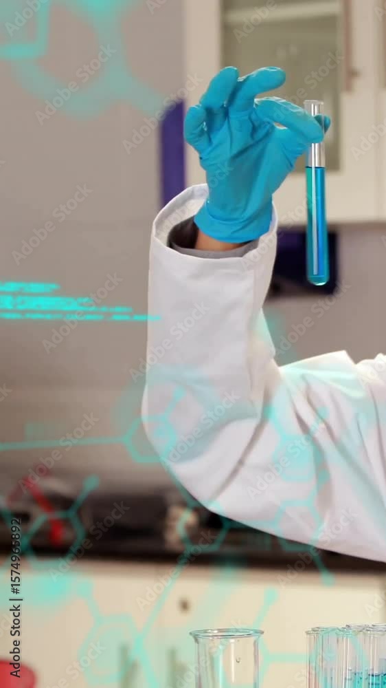 Poster animation of scientific data processing over diverse scientists in laboratory