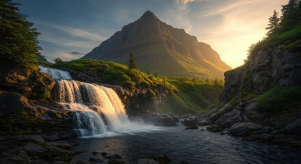 Majestic Mountain and Waterfall at Sunset