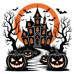 Spooky haunted house with pumpkins and bats halloween jack o lantern