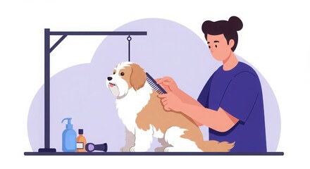 Pet Groomer Combing a Dog - Illustration