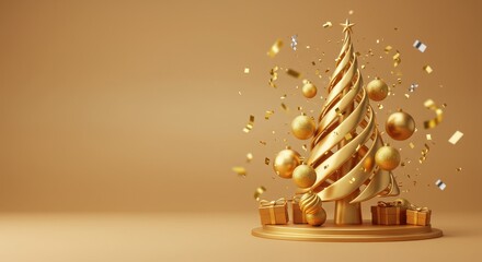 Modern Golden Christmas Tree and Gift Boxes