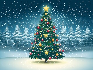 Fototapeta premium Snowy Night Christmas Tree, Winter Wonderland Illustration, Festive Decor Christmas, Holiday