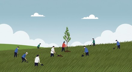 Planting Trees Together as a Community and Reforestation - 2D illustration