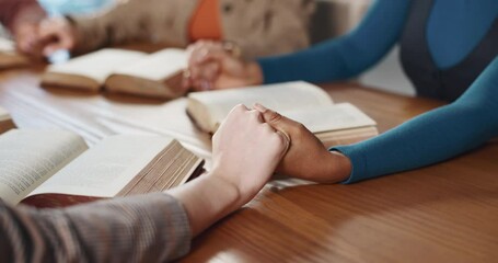 Bible study, people and prayer group holding hands for spiritual guidance, connection and belief. Christian community, faith and circle of friends in home with worship, support or praise God together - Powered by Adobe