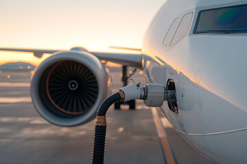 Aircraft Refueling: A close-up of a jet engine and fuel hose during refueling at dusk, highlighting the aviation industry and travel preparation.