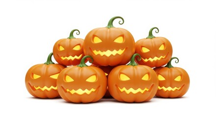 Stack of Glowing-Eyed and Smiling Halloween Pumpkins on White - Ilustration