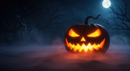 Spooky Halloween Jack-o'-Lantern on a Foggy Night