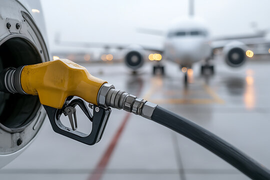 Fototapeta Fueling Up: A close-up of a fuel nozzle inserting into an aircraft on a rainy tarmac. Blurred background with other aircraft enhance the scene's depth.