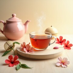 the tea cup is on a table with flowers 