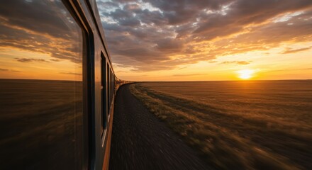 View from a Moving Train Traveling Through the Steppe at Sunset