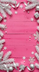 Vertical Christmas Background: Pink Wood & Silver Ornaments