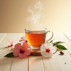 the tea cup is on a table with flowers 