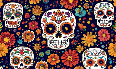 
Day of the Dead skulls pattern. Dia de los muertos print. Day of the Dead and Mexican Halloween texture. Mexican tradition festival. Day of the dead sugar skull isolated.

