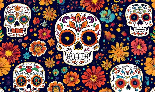 
Day of the Dead skulls pattern. Dia de los muertos print. Day of the Dead and Mexican Halloween texture. Mexican tradition festival. Day of the dead sugar skull isolated.

 - Powered by Adobe