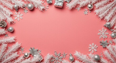 White and Silver Christmas Ornaments Frame on a Pink Background