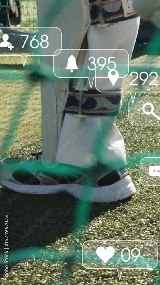 Poster animation of digital data processing over cricket player on field