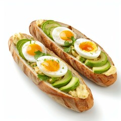 Two freshly made baguette sandwiches are topped with creamy avocado slices, perfectly boiled eggs, and a sprinkle of herbs