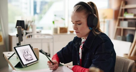 Creative, headphones and woman on tablet in home office for illustration, design and online inspiration. Artist, remote work and person with music on digital tech for drawing, sketching and project - Powered by Adobe