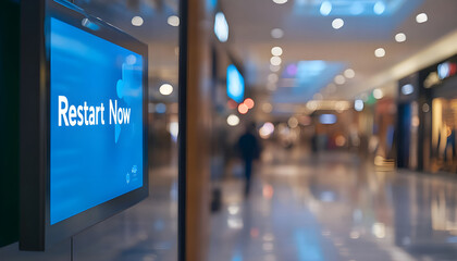 Modern digital signage displays Restart Now in bright mall interior. Interactive screen offers navigation, information. Technology