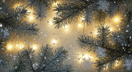 Winter and Christmas Background with Snowy Pine Branches