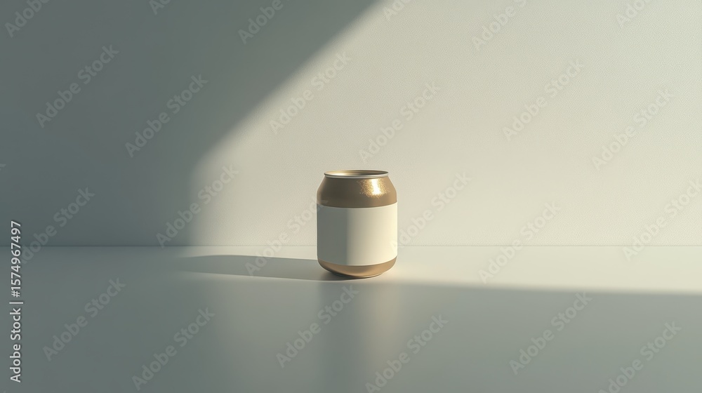 Poster empty gold-colored can with blank label in minimalist setting.