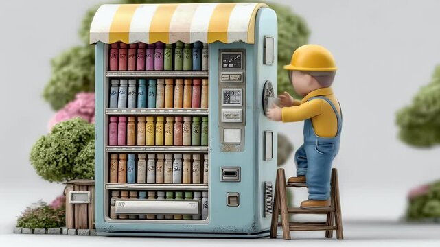 Animated Vending Machine Repair: A Miniature Worker's Task