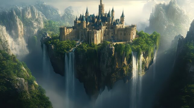 Majestic Castle Perched on a Floating Island with Cascading Waterfalls