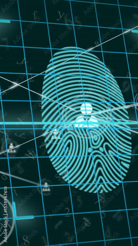 Poster animation of biometric fingerprint, network of connections with icons and data processing