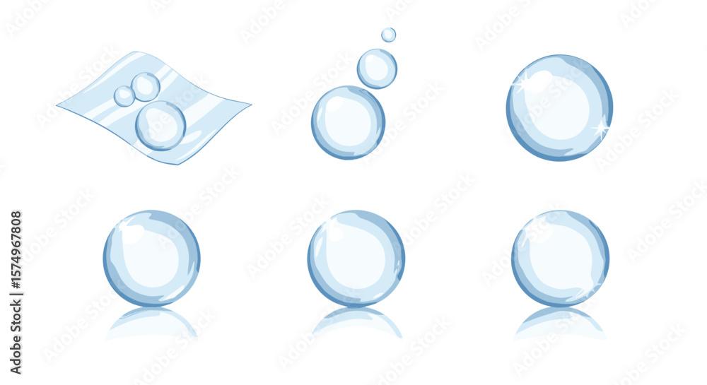 Poster collection of water droplets in various arrangements including on a surface and free floating