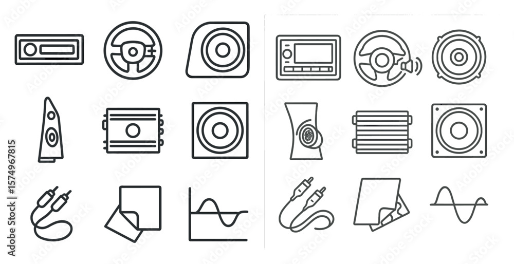 Poster set of icons for car parts and accessories. the icons are all in black and white and are arranged in