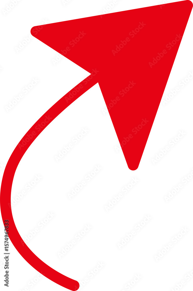 Poster red curved arrow pointing upwards and to the right isolated on transparent background