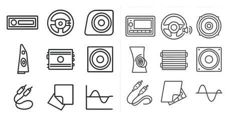 Set of icons for car parts and accessories. The icons are all in black and white and are arranged in a grid. Scene is simple and straightforward