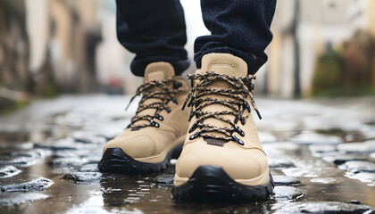 Stylish beige leather hiking sneakers for women. These urban footwear feature a chunky sole and lace-up design for comfortable outdoor