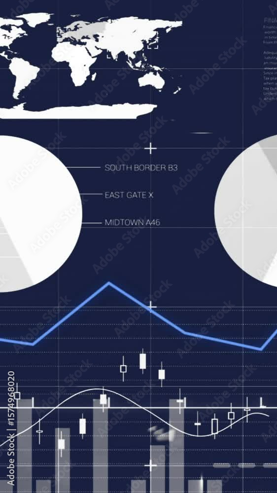 Poster animation of statistics and digital data processing over dark background